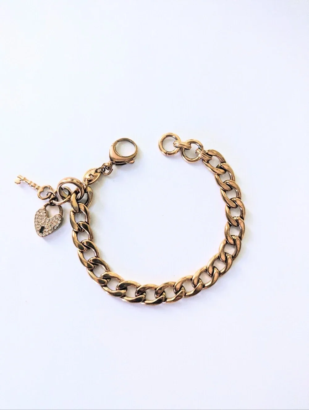 FOSSIL Rose Gold Tone  Pave Crystal Heart & Key Lock Starter Charm Bracelet
